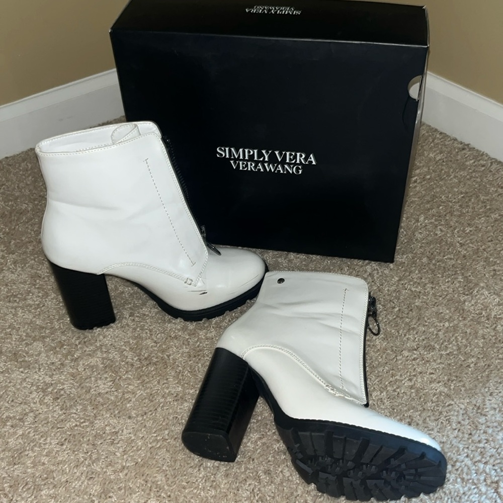 White heeled ankle booties: Simply Vera Verawang